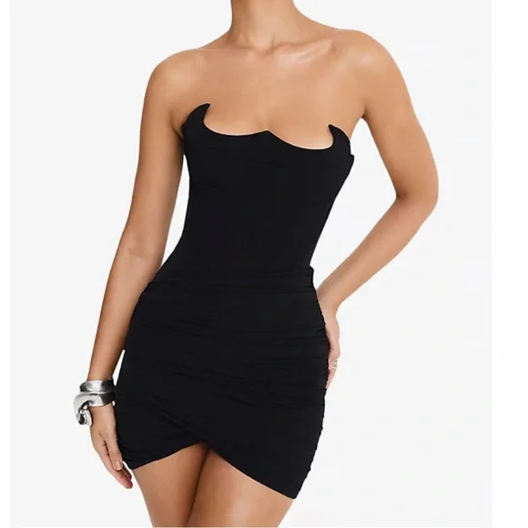 MISTRESS ROCKS Corset Bustier Black Ruched Strapless Mini Dress - Picture 3 of 11